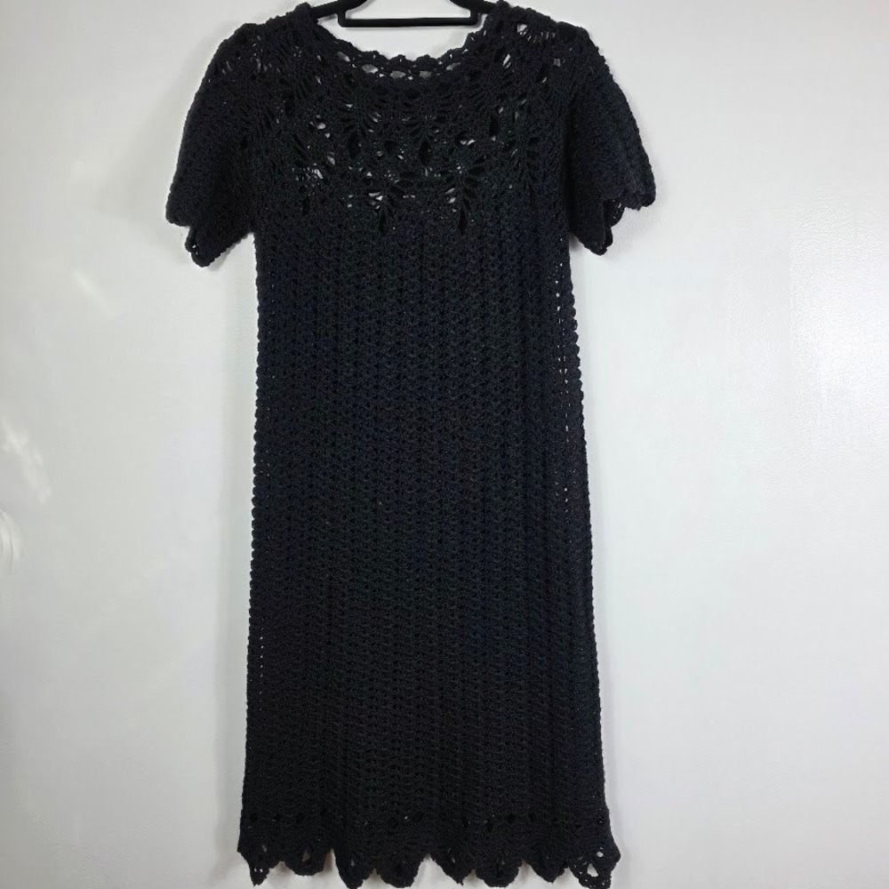 Black Crochet Lace Midi Dress Short Sleeve Sheer Boho‎ Festival